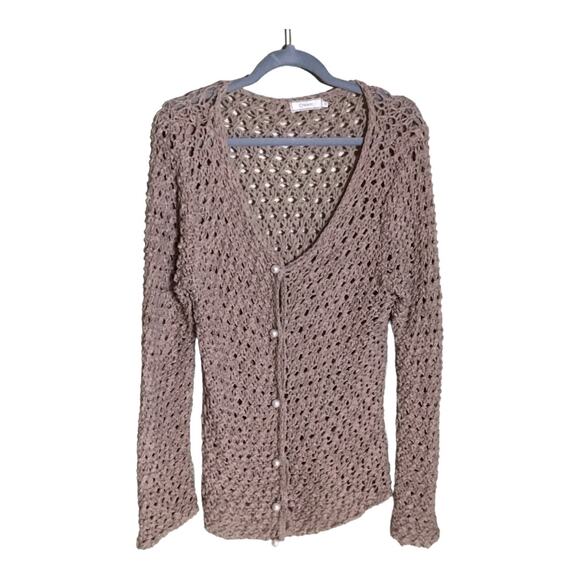 Cream Cloth Women Crochet Sweater With Pearl Button Detail Sz XL EUC Runs Small - Picture 1 of 12